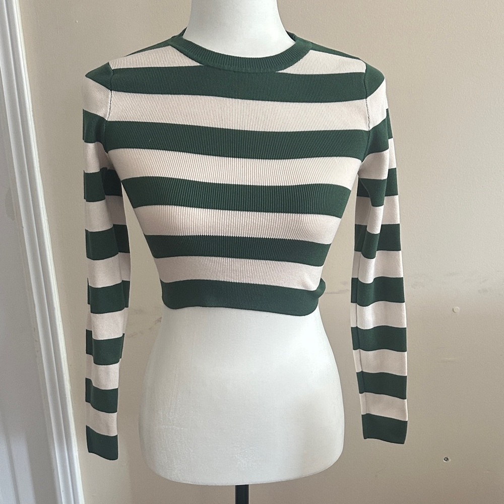 Striped Long-Sleeve Crop Top in Green and Cream
